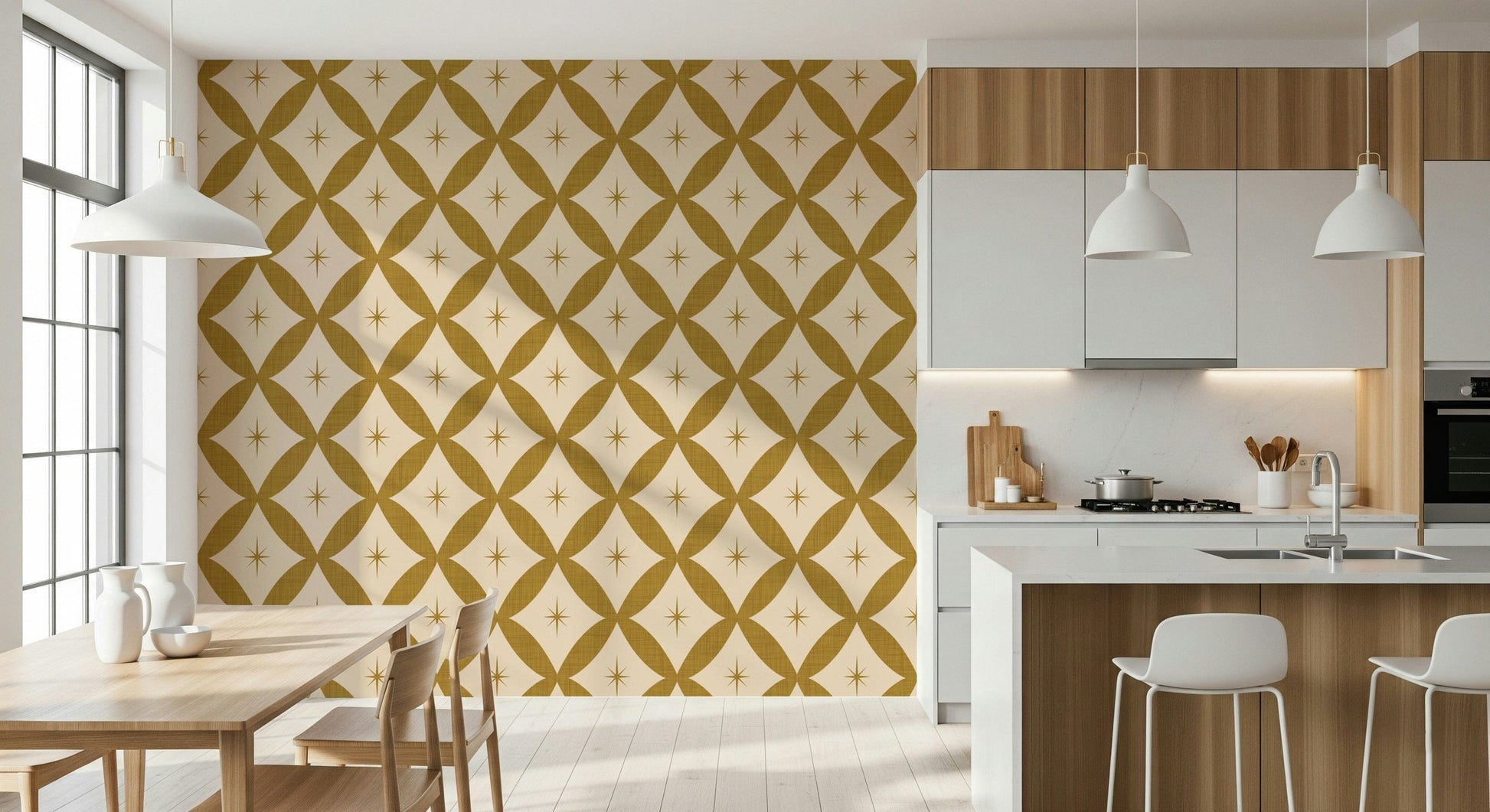 Decorative retro wallpaper with repeating diamond loops and centered star motifs in warm tones.