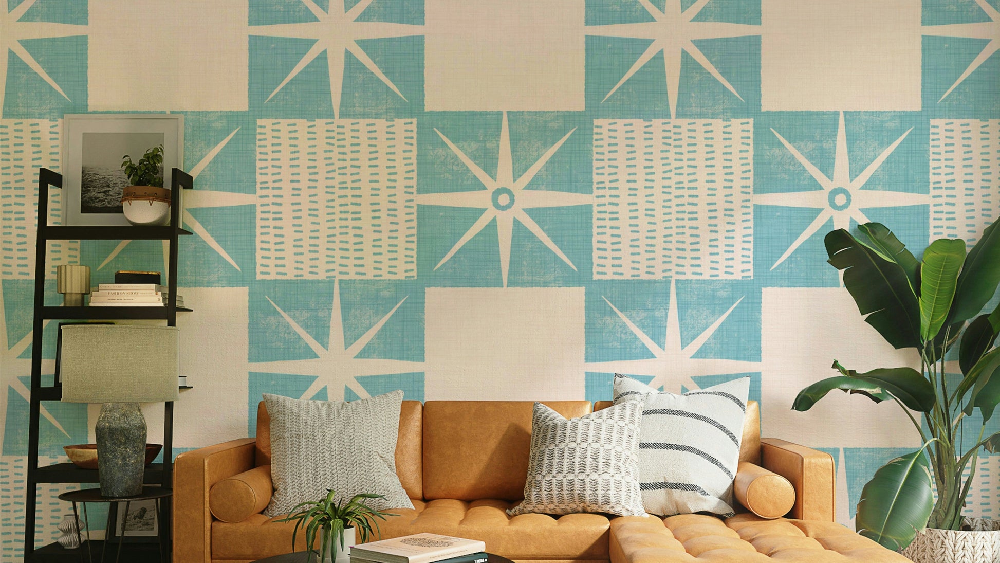 Retro starburst quilt block wallpaper in blue

