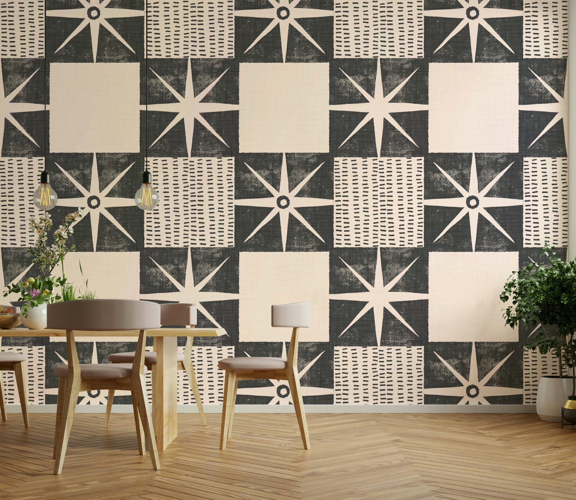 Starburst quilt block wallpaper in charcoal tone

