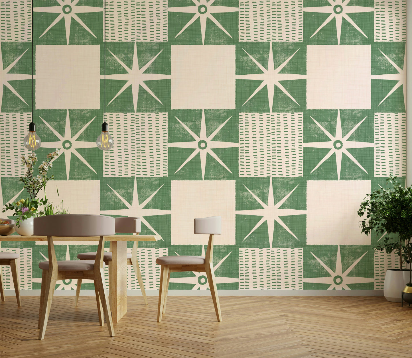 Sage green starburst quilt block wallpaper detail

