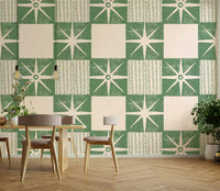 Sage green starburst quilt block wallpaper detail

