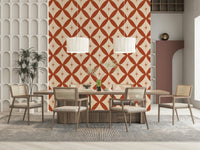 Retro starburst tile wallpaper featuring terracotta diamond shapes with central star motifs.