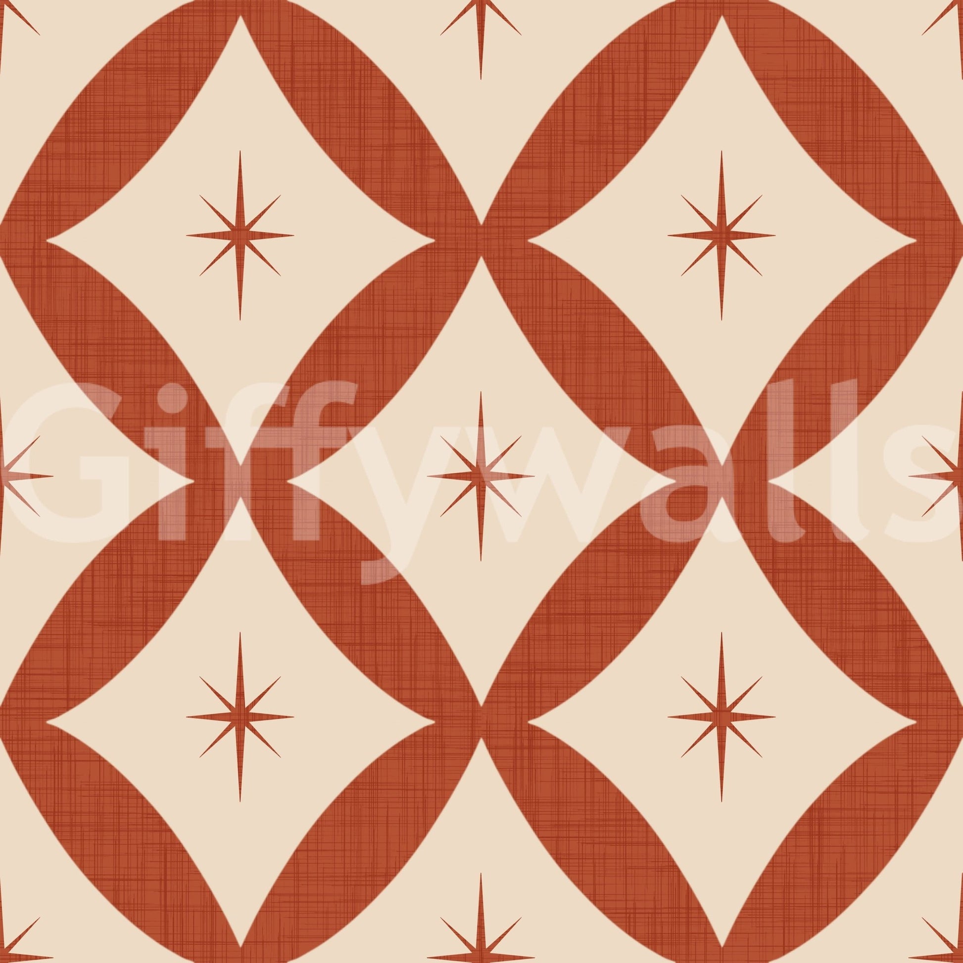 Mid-century geometric wallpaper with tiled diamond forms and starburst centers.
