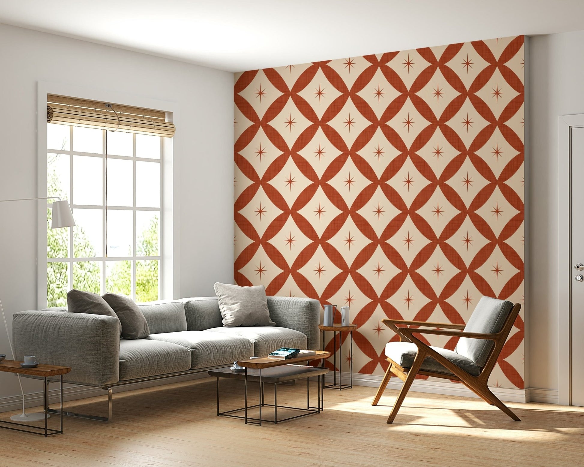 Chic vintage tile wallpaper blending diamond lattice shapes with terracotta starbursts.