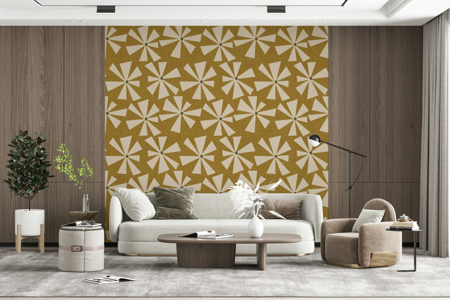 Vintage-style wallpaper showcasing radiating floral bursts on a textured mustard backdrop.
