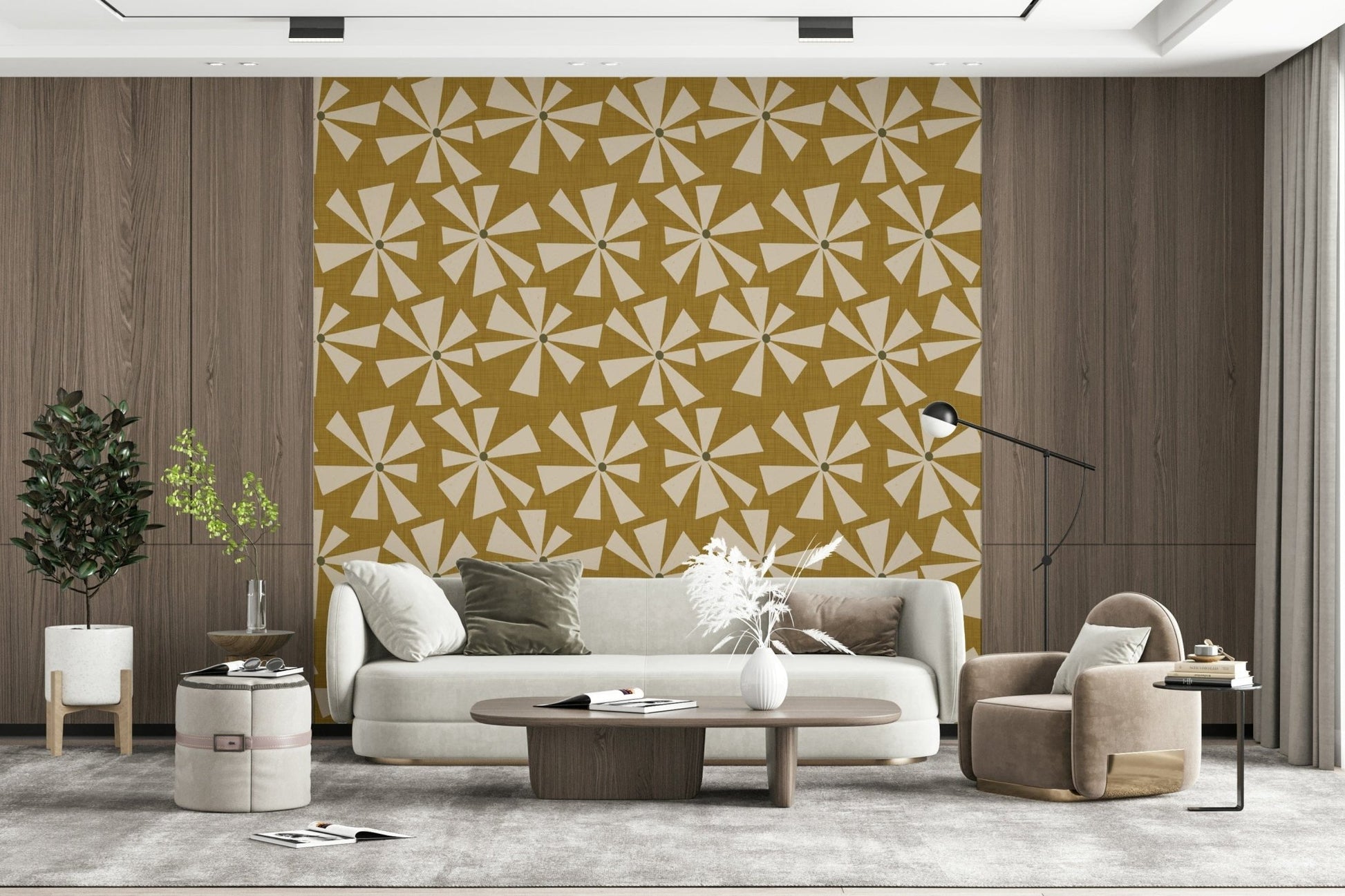 Vintage-style wallpaper showcasing radiating floral bursts on a textured mustard backdrop.