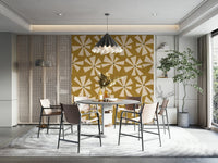 Geometric floral wallpaper with star-like cream blooms arranged in a scattered retro pattern.