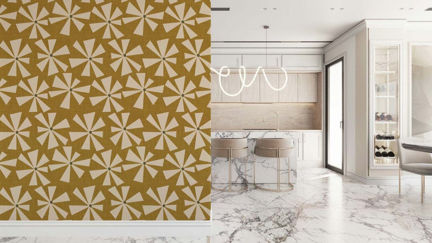 Mid-century inspired wallpaper with geometric pinwheel blooms in cream and warm golden tones.