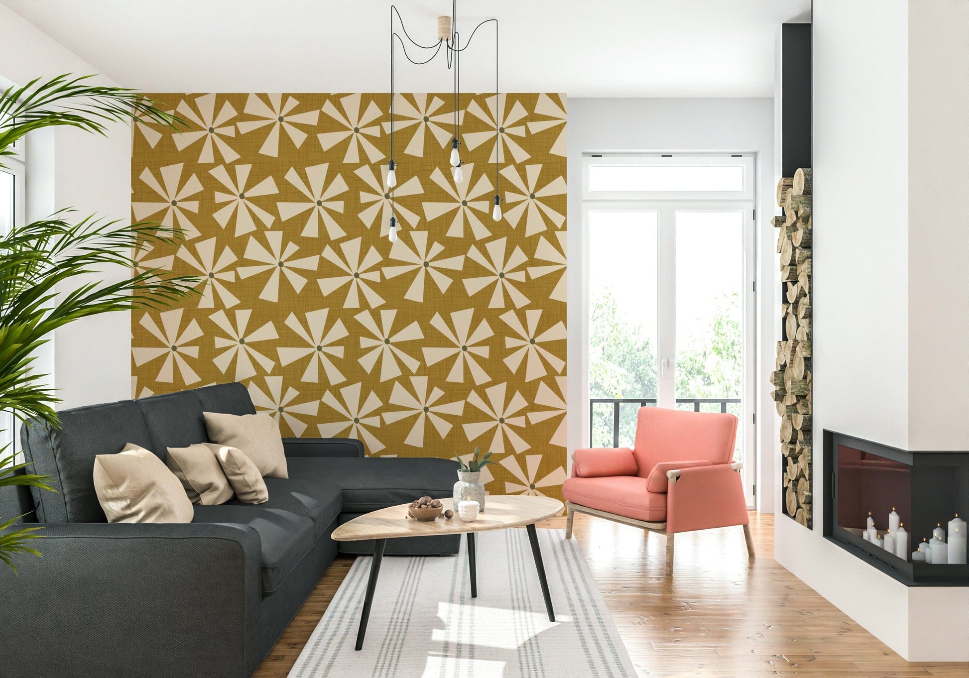 Chic vintage floral wallpaper with geometric starburst shapes in a warm retro palette.