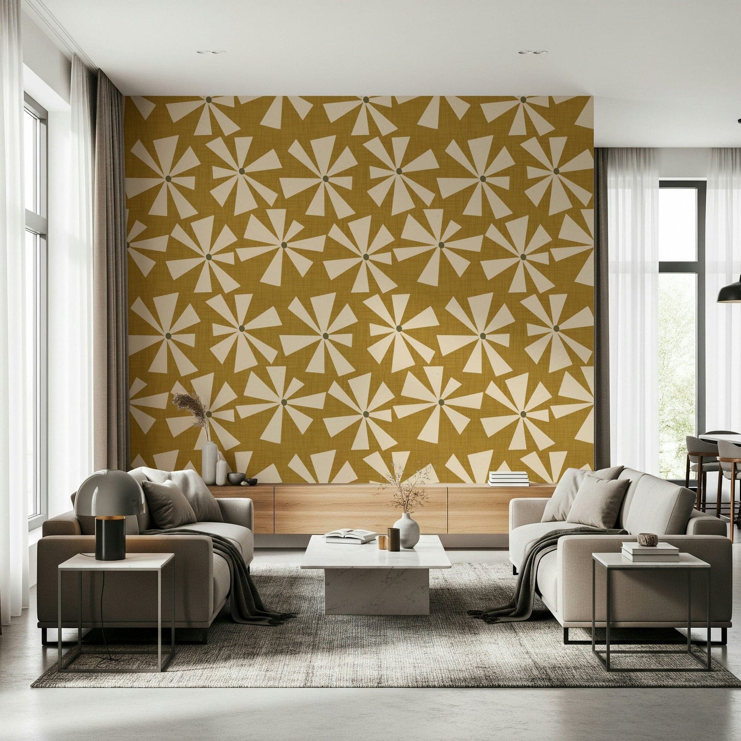 Bold retro wallpaper featuring cream sunburst petals across a warm golden-yellow field.