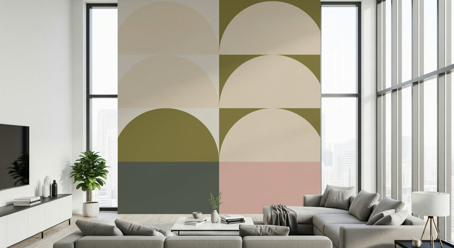 Artistic wall mural featuring a retro-style sunrise over a serene abstract landscape.