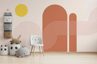 Retro landscape wall mural with sunset backdrop

