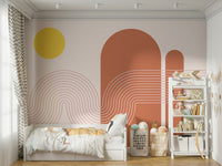 Warm gradient mural featuring a stylized sunset

