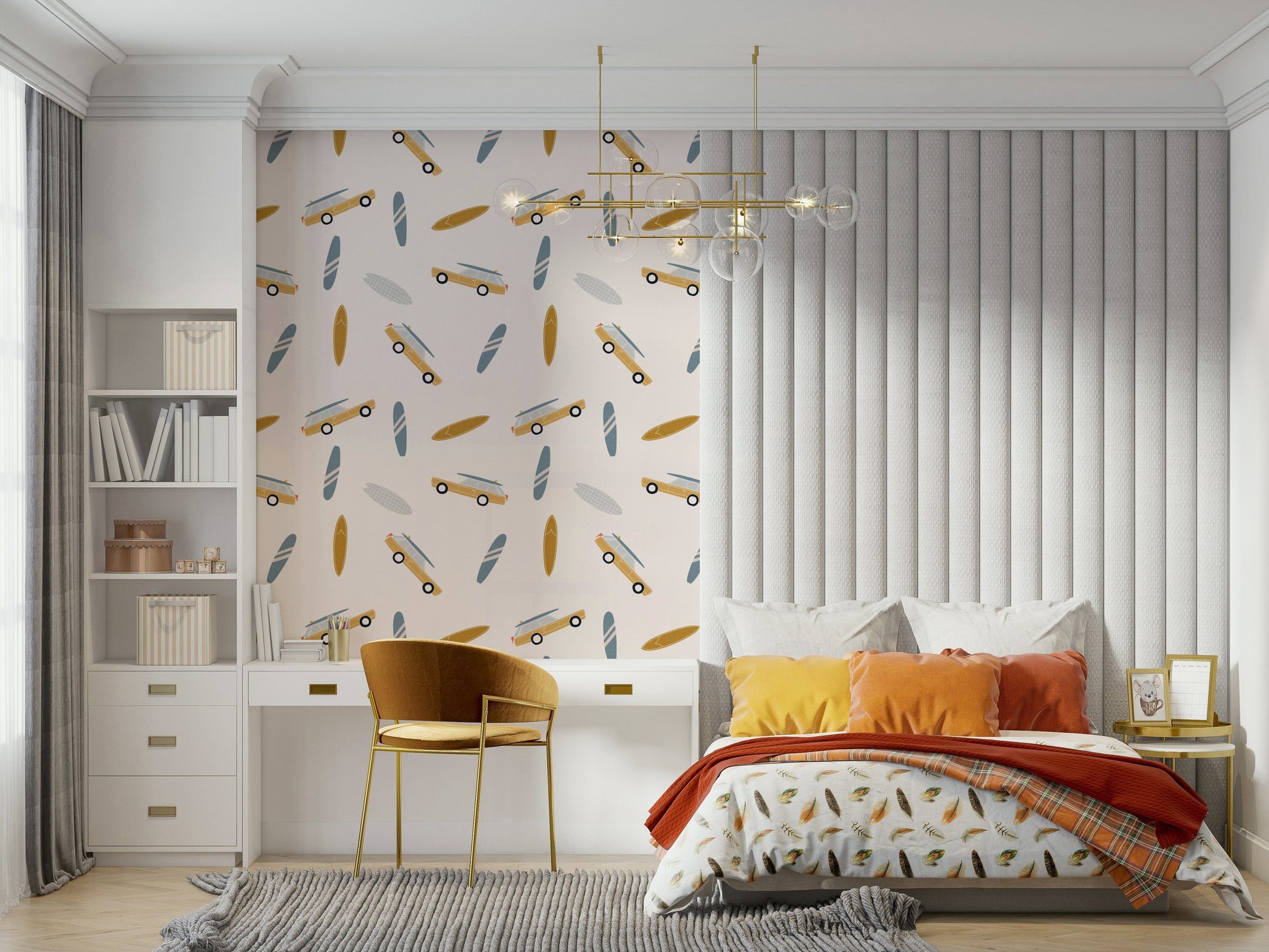 A playful coastal road trip wallpaper featuring illustrated surfboards and retro vans on a soft neutral background.
