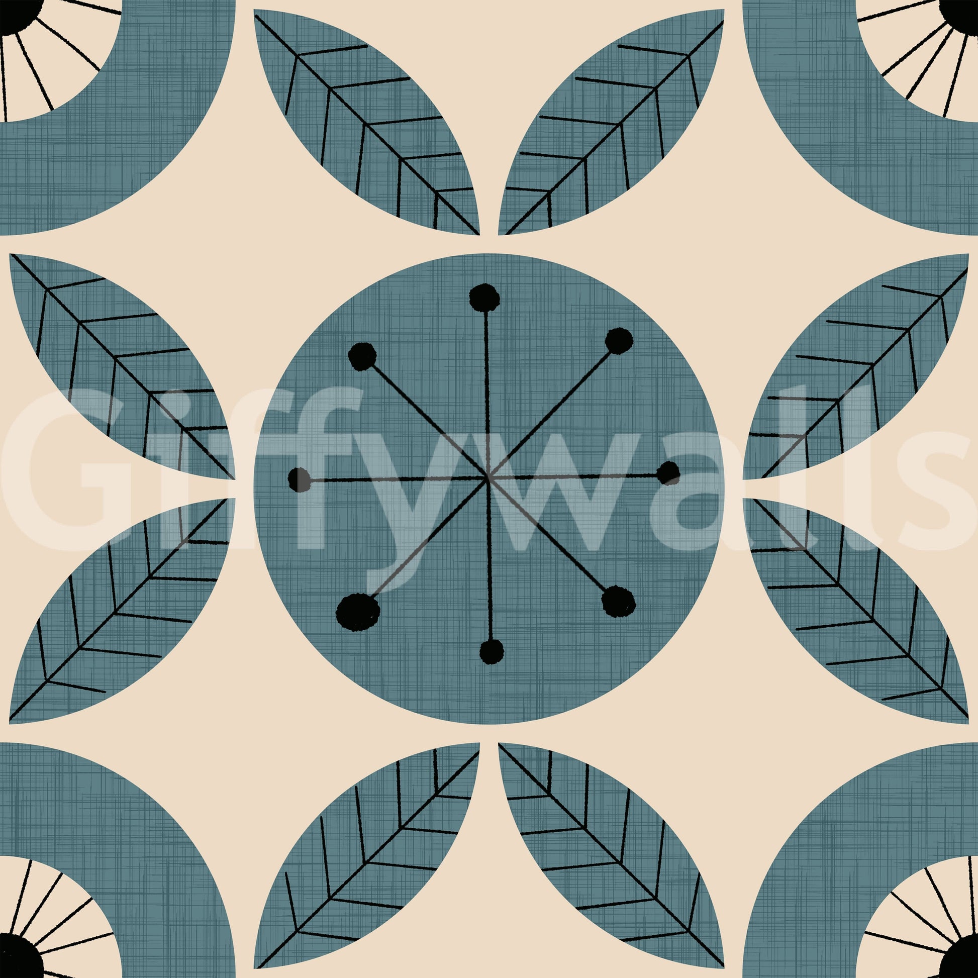 A teal retro wallpaper with rotating circular designs and repeating leaf geometry.