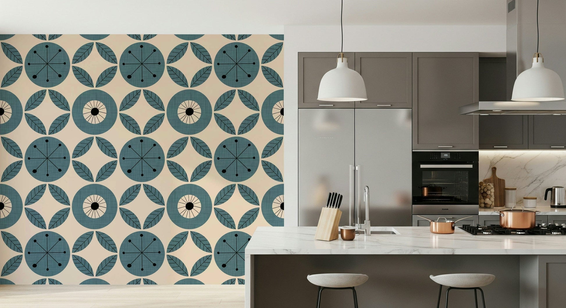 A repeating teal pattern wallpaper featuring stylized circular designs with dotted centers.