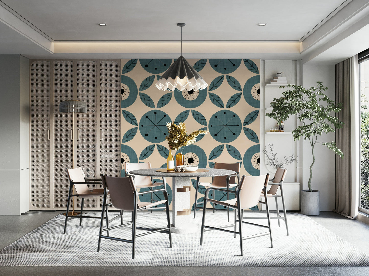 Retro-style wallpaper showcasing teal wheel-like circles paired with leafy geometric elements.