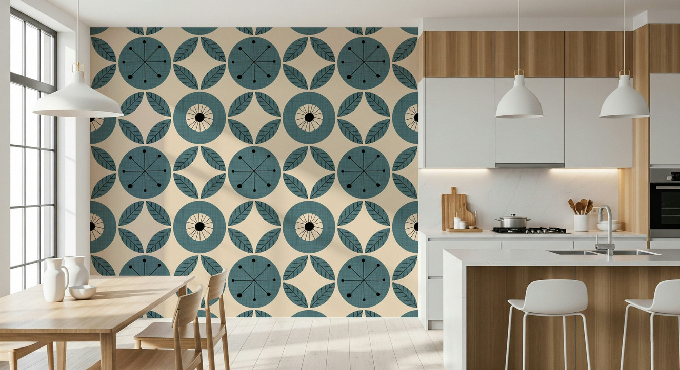 A retro teal wallpaper featuring circular geometric patterns with leaf-like accents in a repeated design.