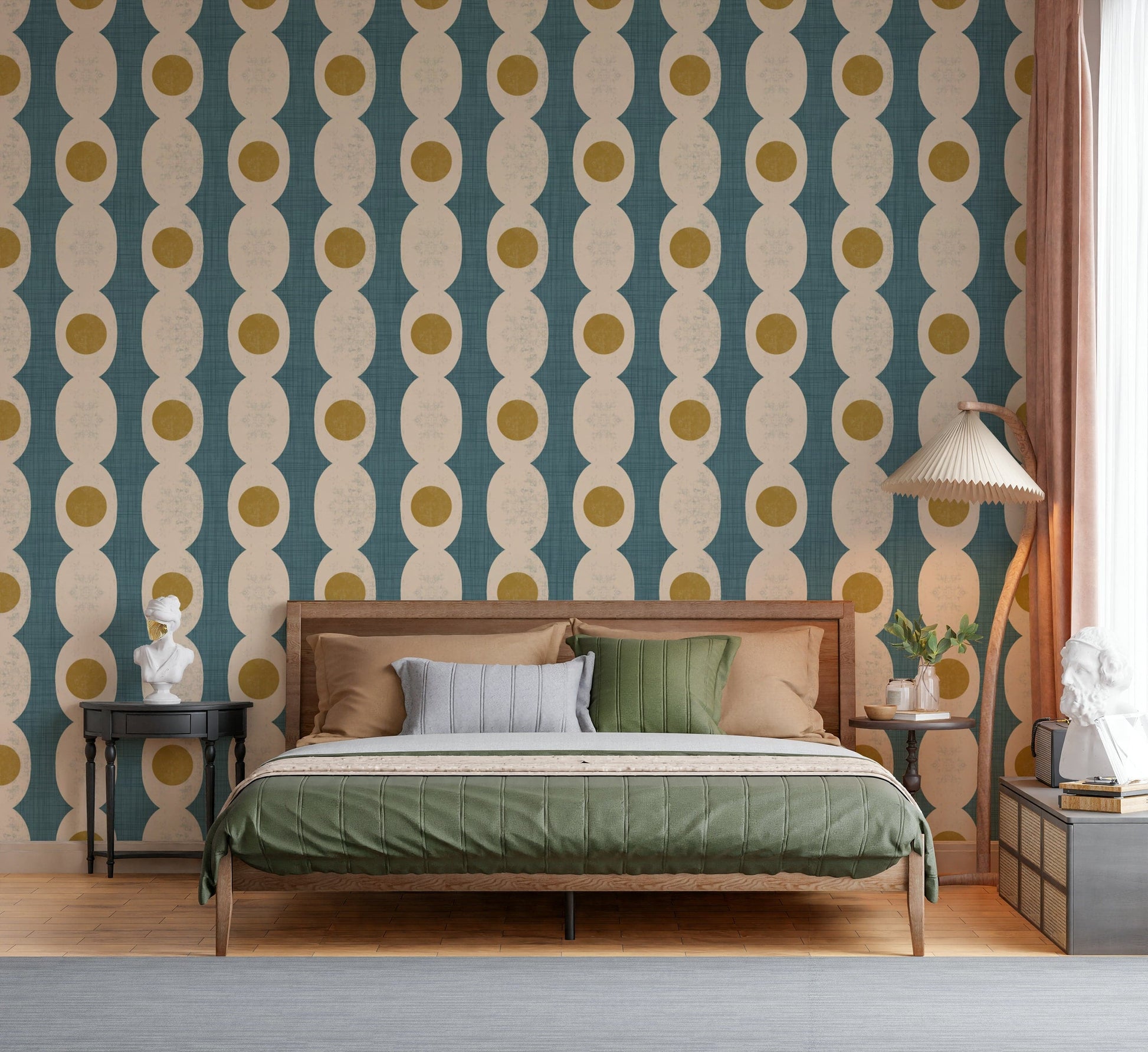 Mixed retro-inspired shapes forming a bold and artistic wallpaper design.