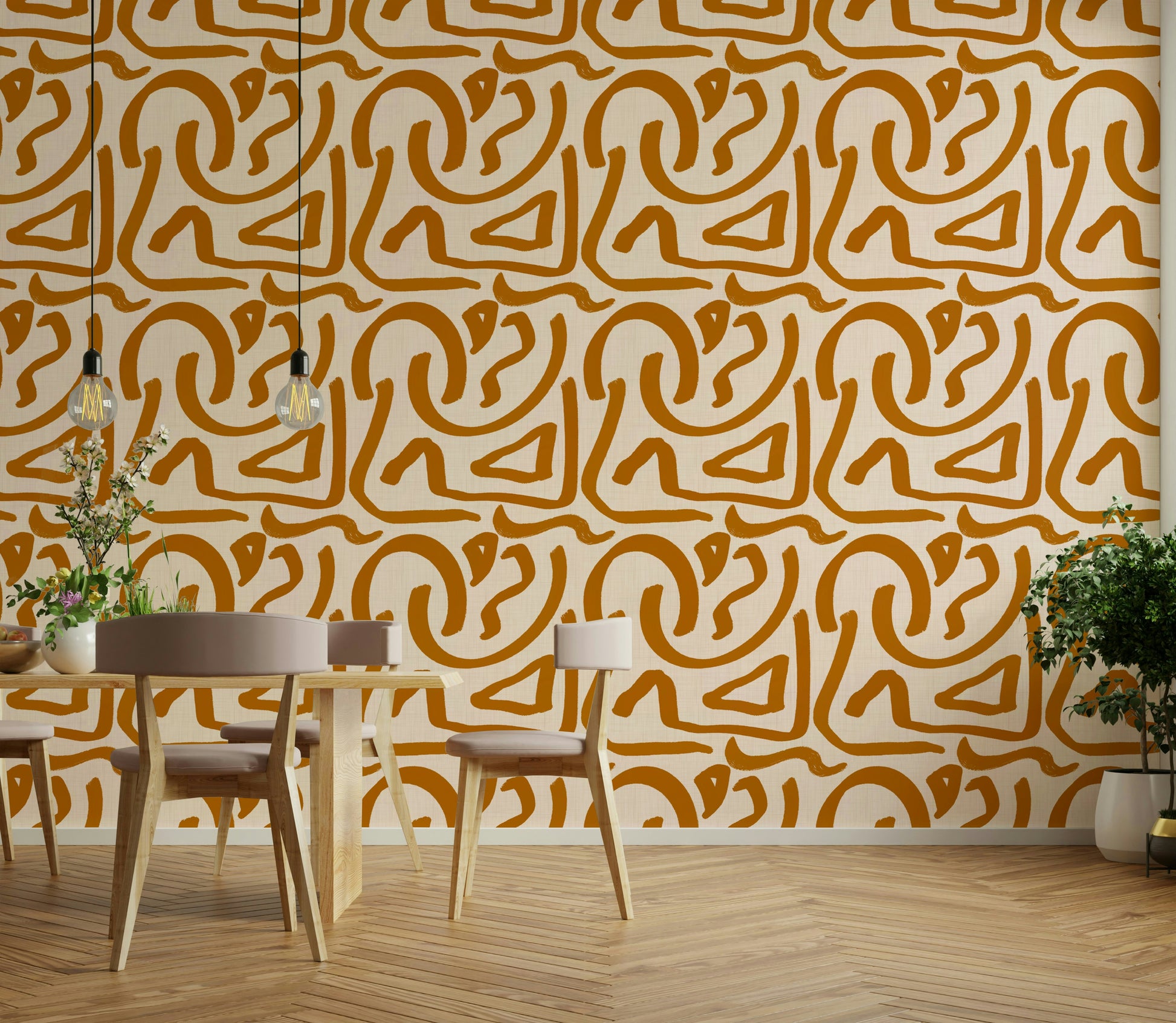 Bold Terra Scribbles wallpaper in a modern living room

