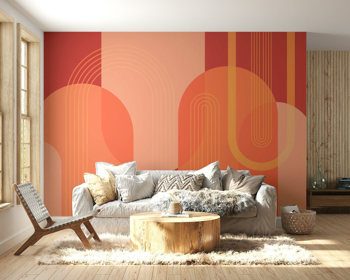 The colors are soft, muted tones of terracotta, beige, and sand.

