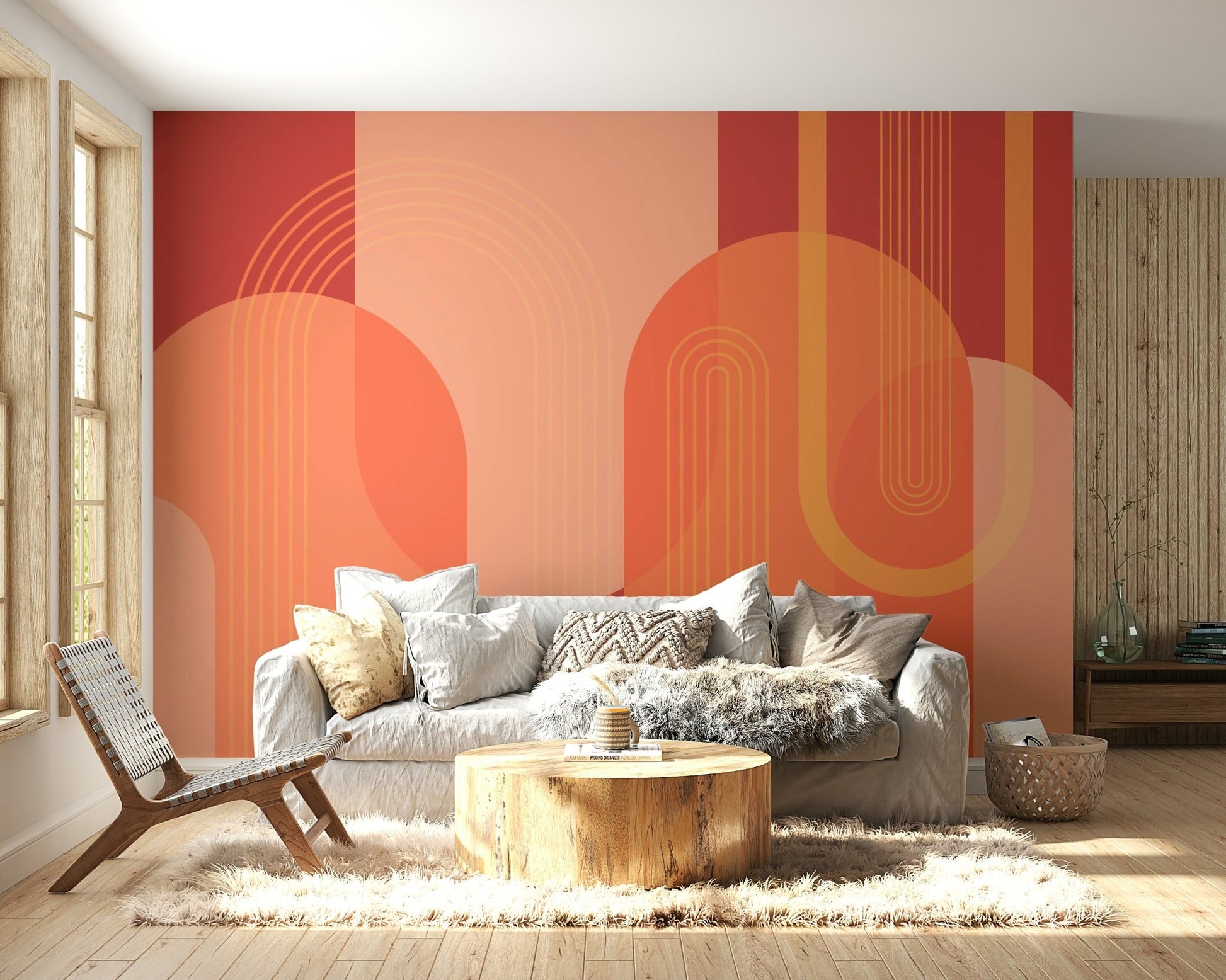 The colors are soft, muted tones of terracotta, beige, and sand.

