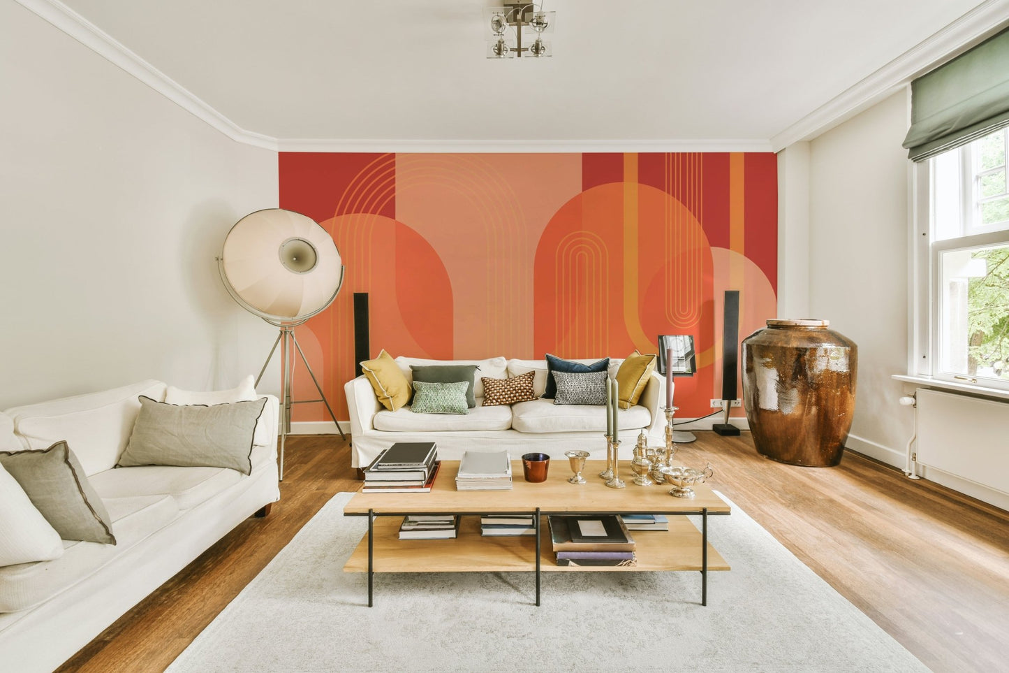 The image shows a peaceful, retro-style pattern with arched shapes.

