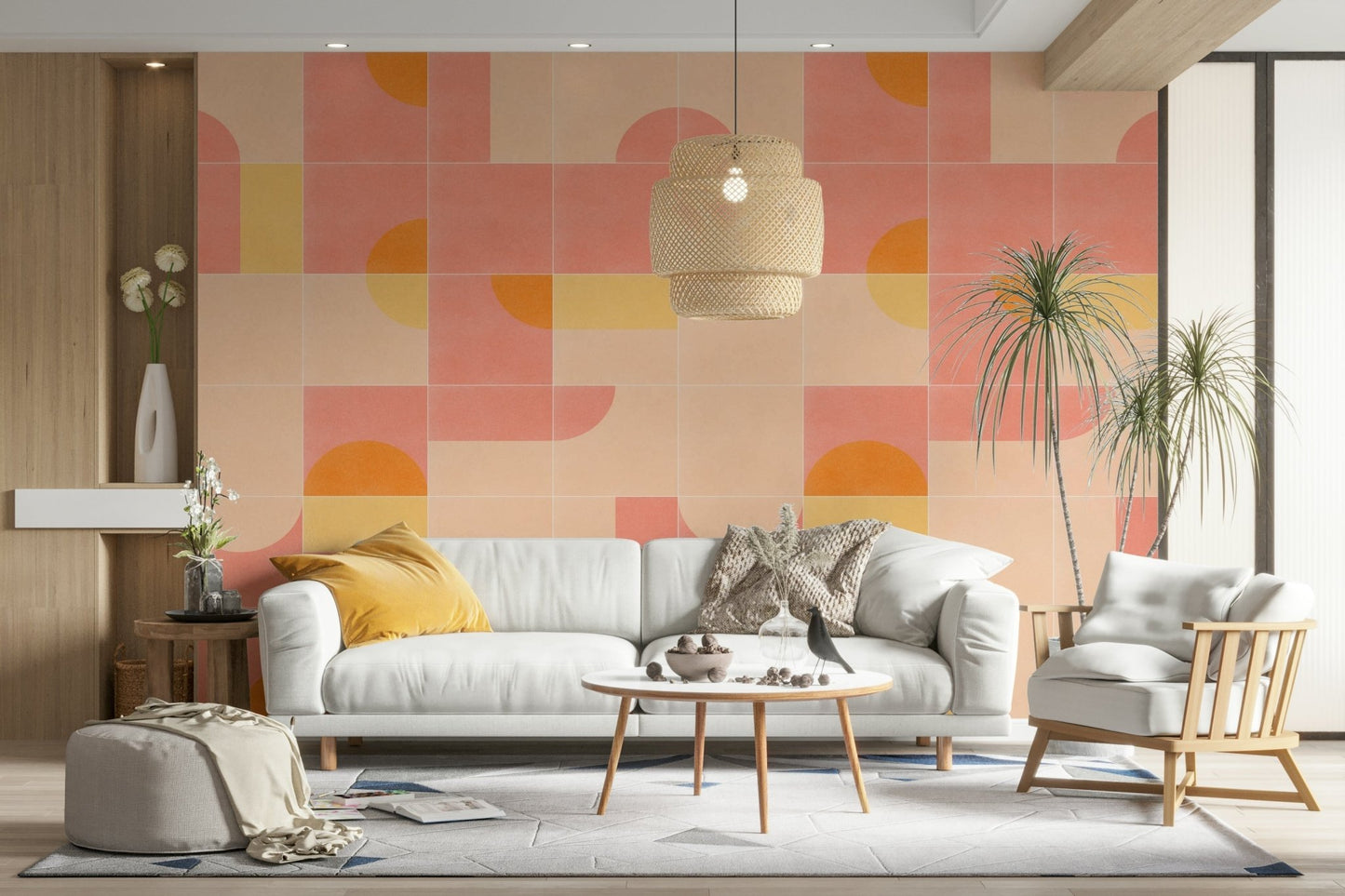 Playful, colorful geometric tile mural creating a focal point

