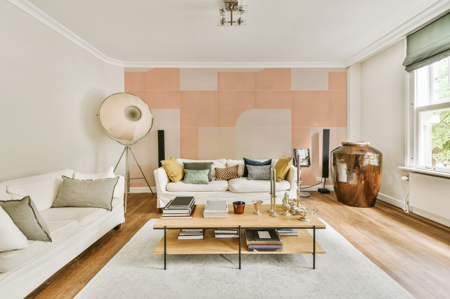Warm retro hues and geometric shapes in stylish wall mural

