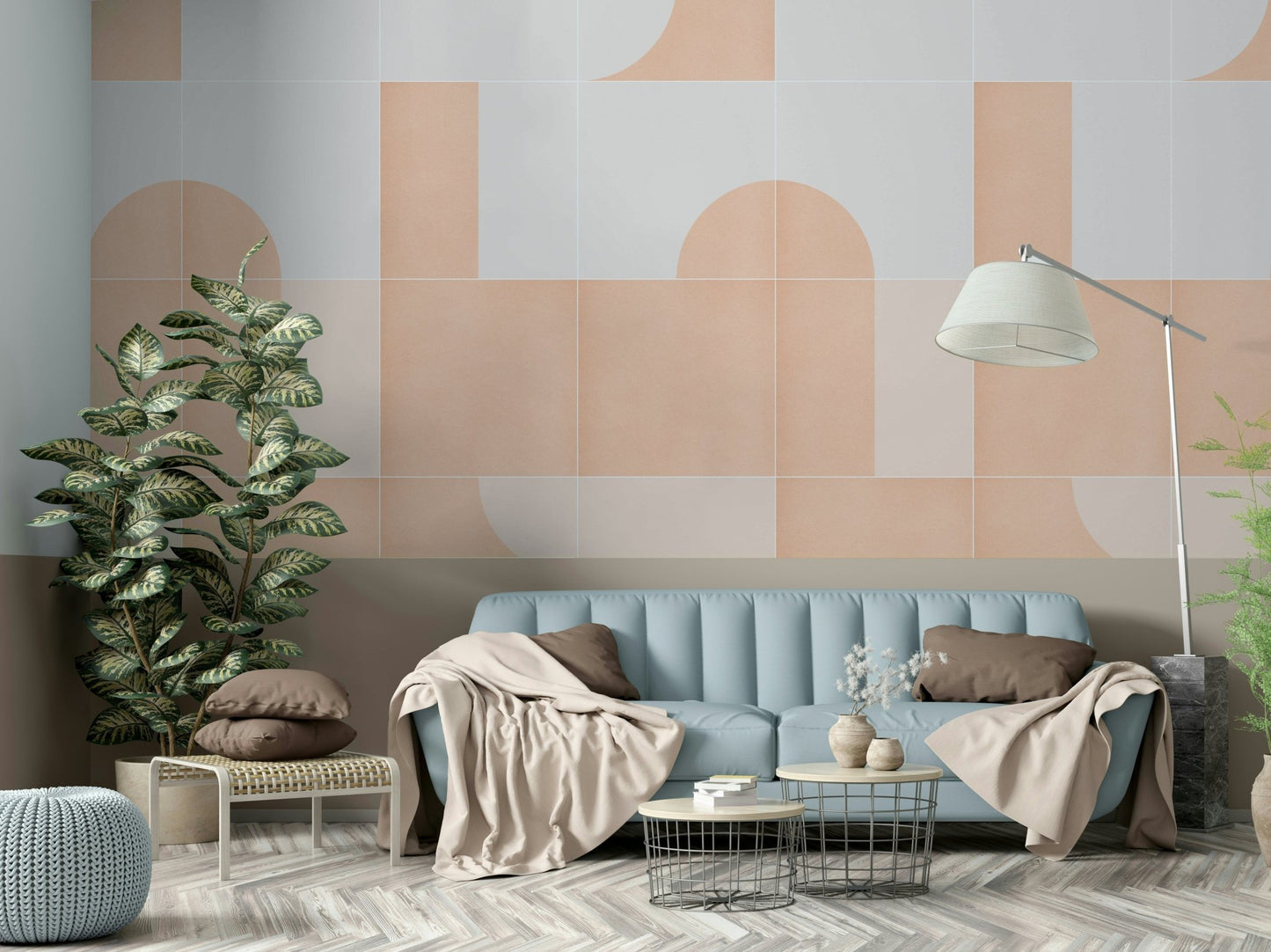 Vintage tile wallpaper with geometric shapes in bright colors

