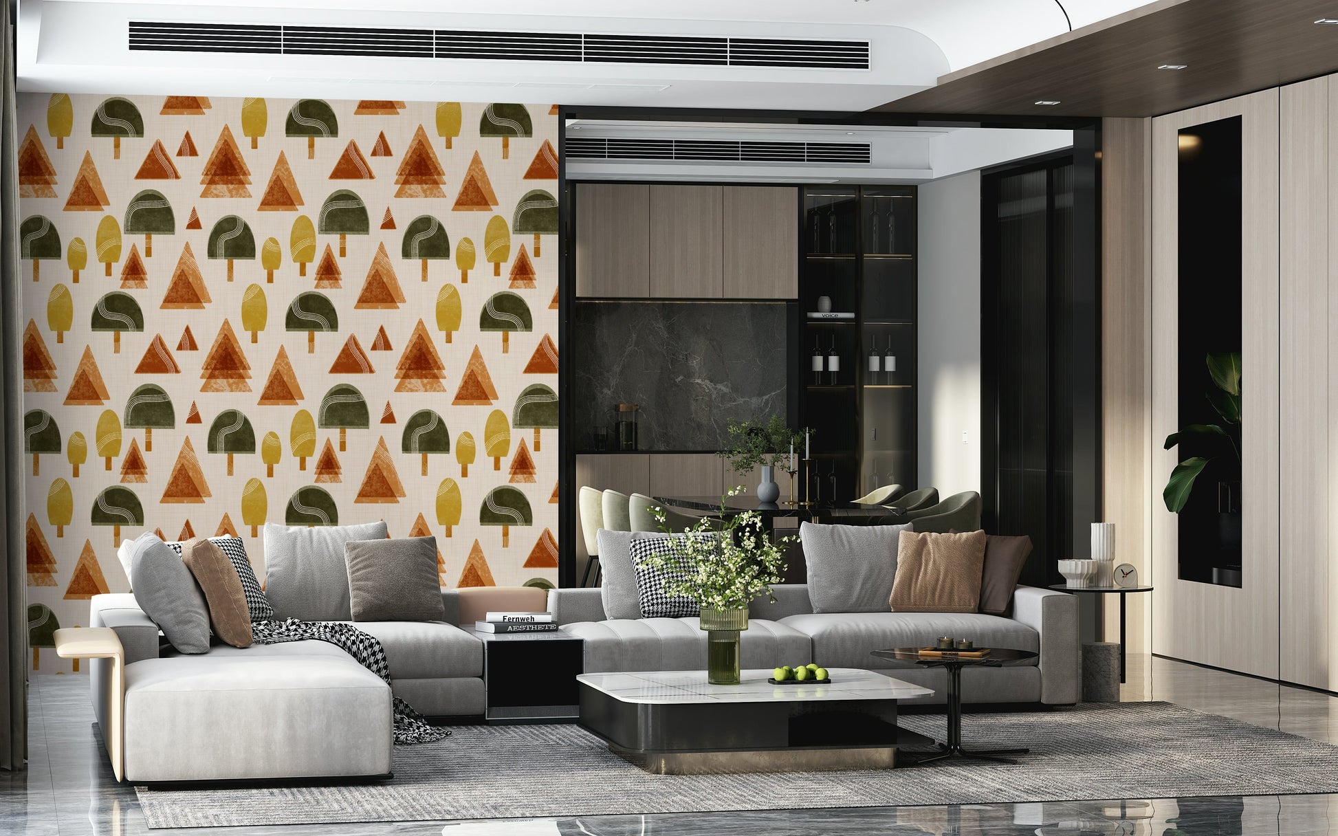 An artistic geometric tree mural on minimalist wallpaper.

