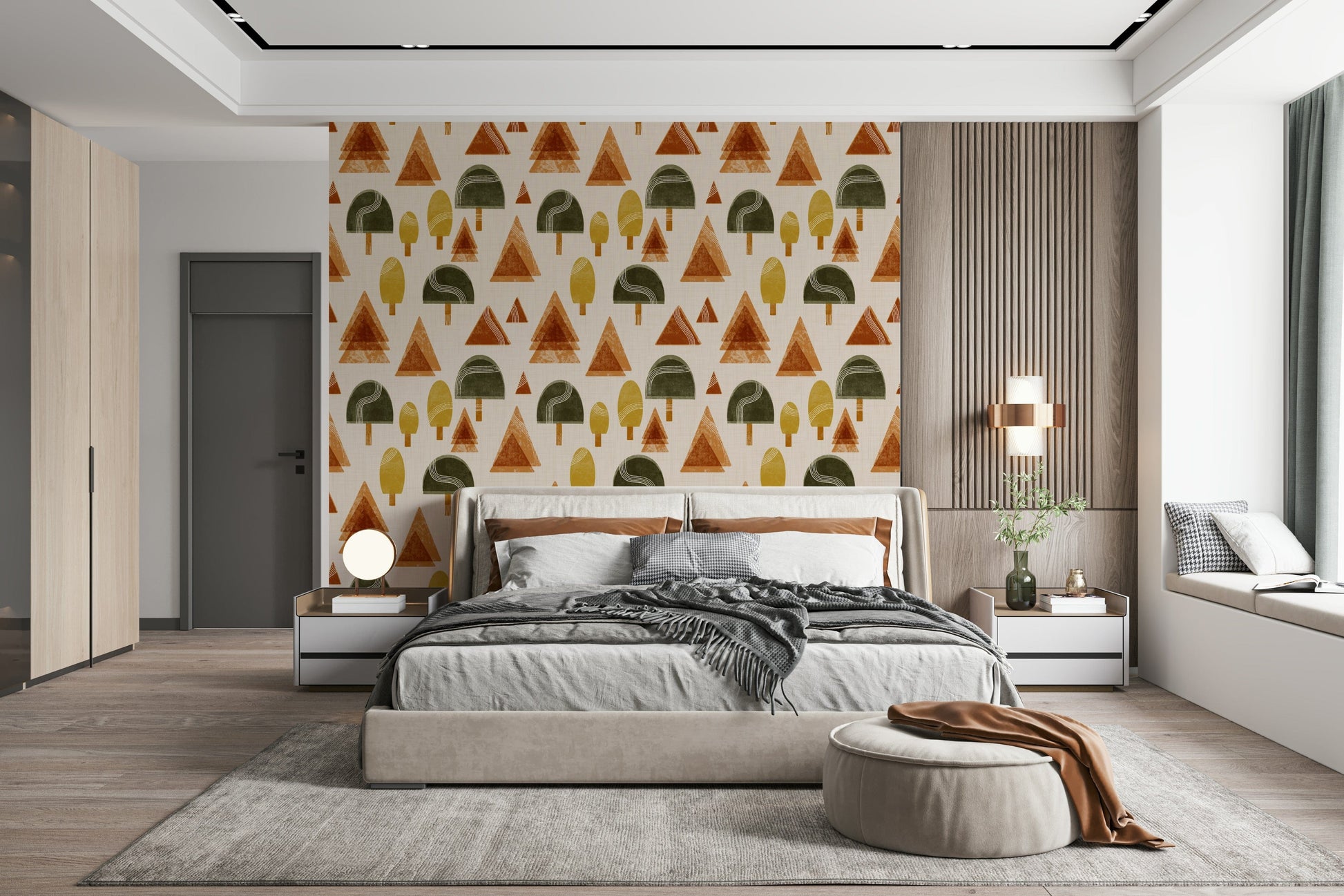 A beautiful retro woodland wallpaper mural with mid-century modern trees.

