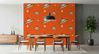 Cute flying saucer wallpaper, hand-drawn stars, bright orange, Minimal UFO wall mural.