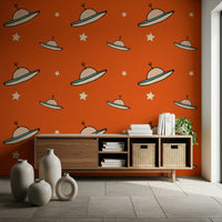 Stylized spaceship mural, cool orange kids' room design, whimsical Vintage pattern.