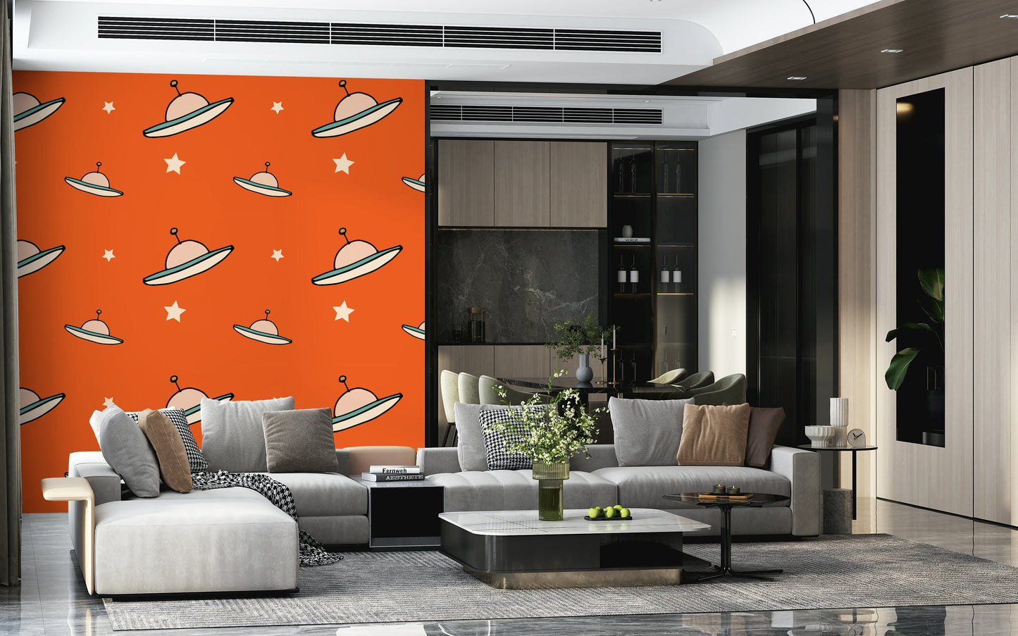 Retro sci-fi UFO Orange art, cute spaceship drawing, stellar children's mural wallpaper.