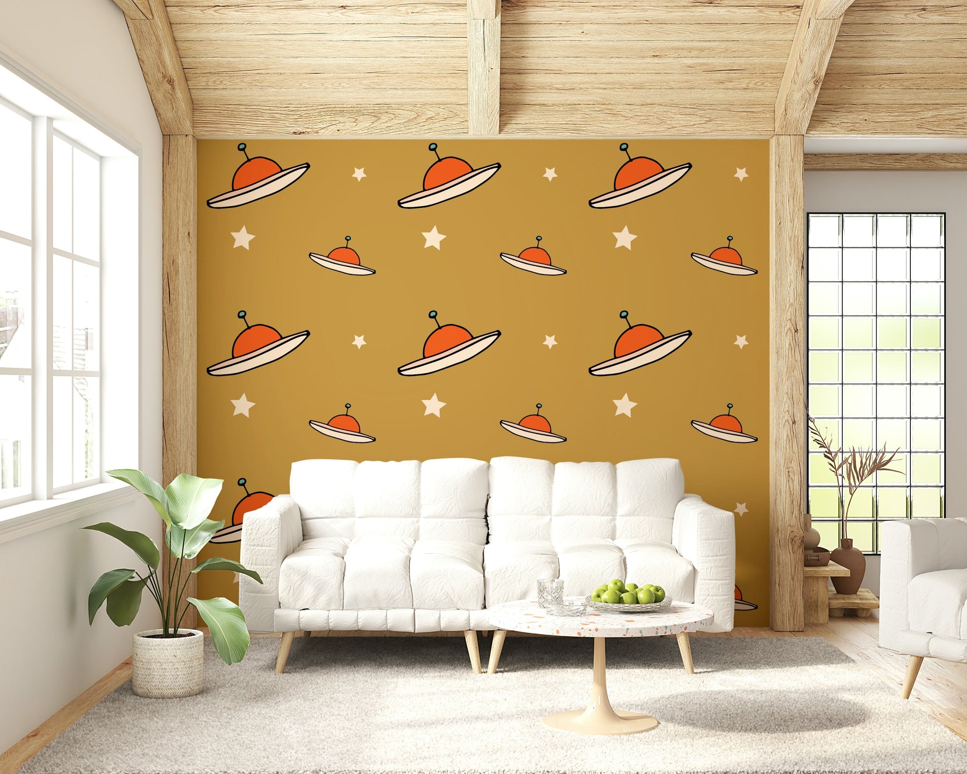 Burnt orange spaceship print, modern retro wallpaper, distinctive texture.