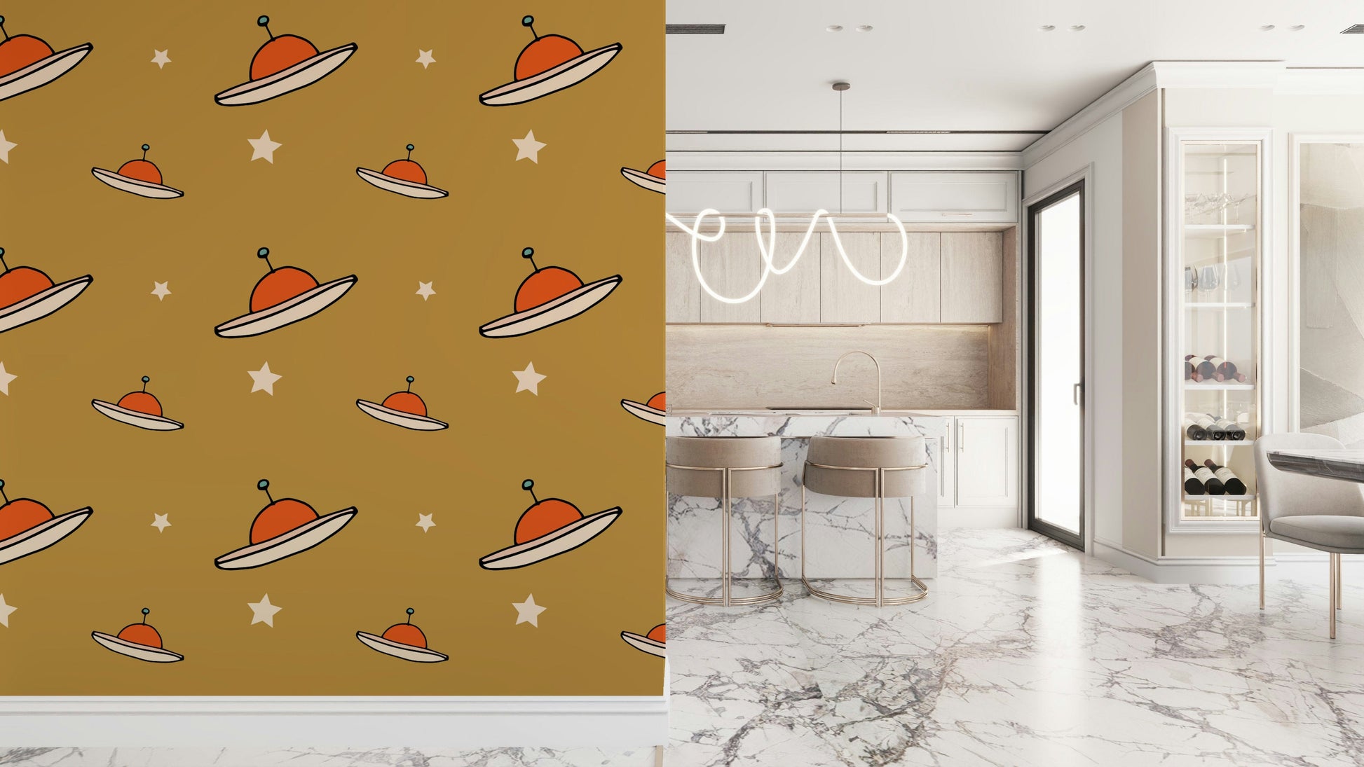 Hand-drawn sky craft, cosmic wall art, Vintage UFO Mustard fun covering.