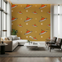 Doodle style spacecraft, UFO Mustard repeating design, aesthetic surface.
