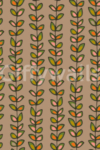 Warm beige wallpaper decorated with playful retro leaves arranged in tidy upward vine patterns.