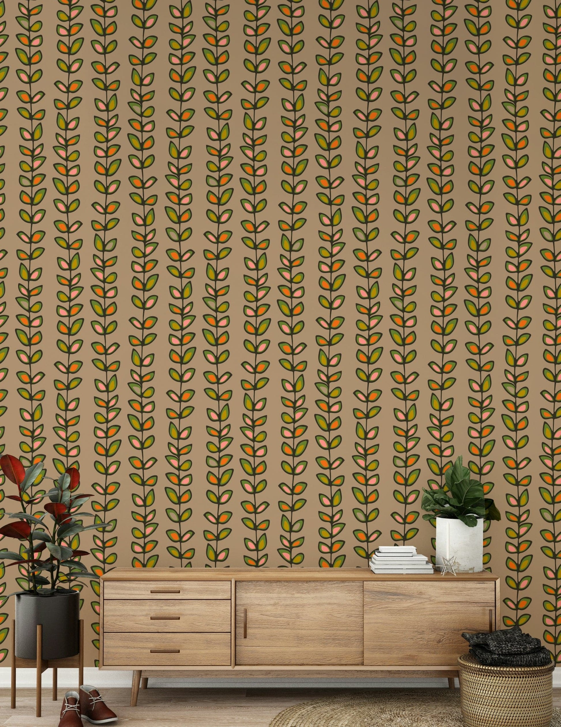 A patterned retro wallpaper with evenly spaced climbing vines and stylized leaf shapes in warm tones.