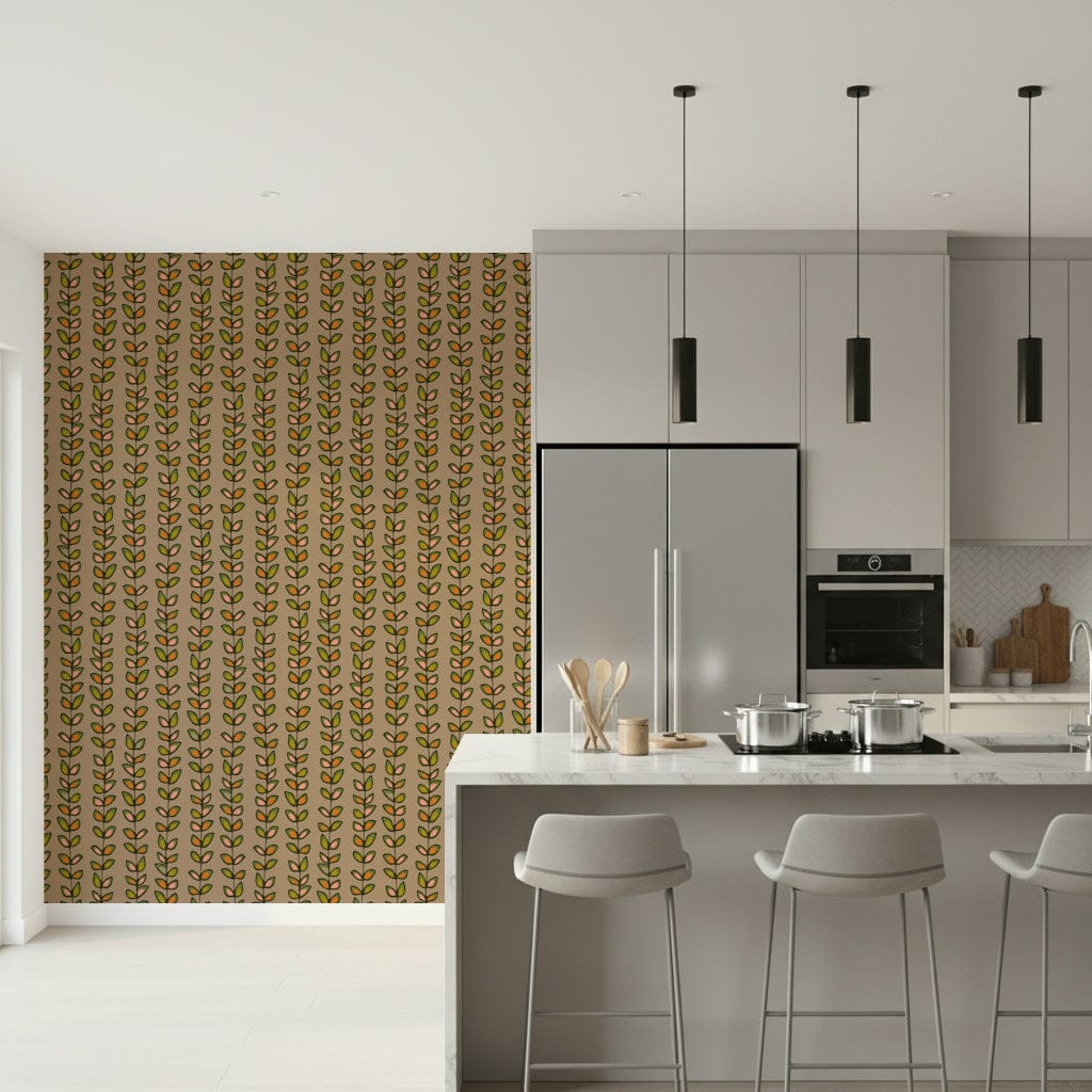 Striped vine patterns with outlined leaves in earthy tones creating a vintage-inspired wallpaper.