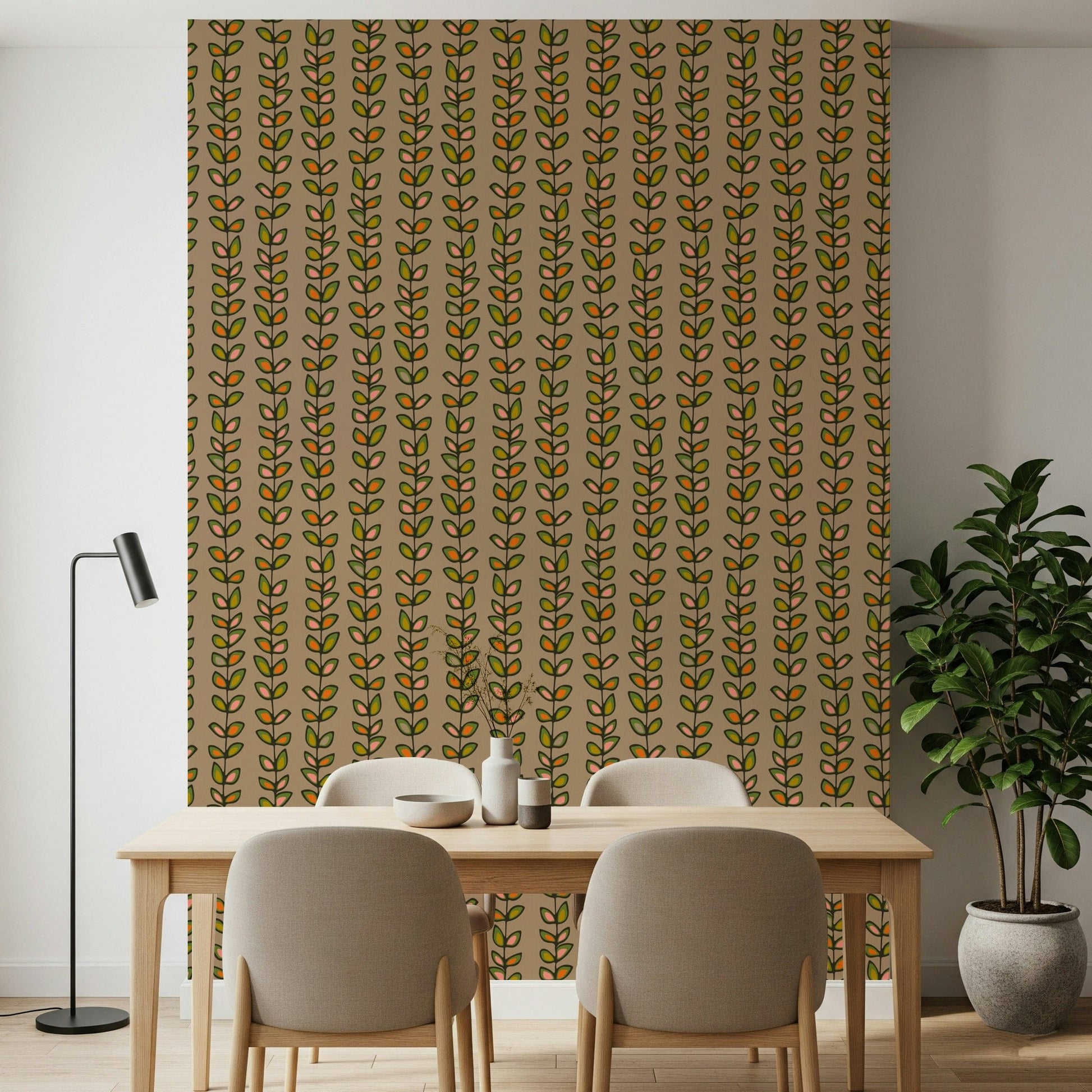 A warm beige wallpaper featuring vertical climbing vines with retro-style green and orange leaves.