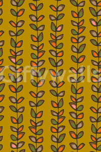 A lively retro wallpaper featuring colorful leaves and upward vine stripes on a rich mustard backdrop.