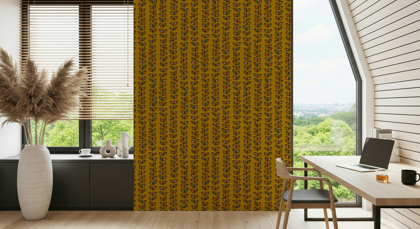 Vertical retro vine stripes filled with colorful leaf designs for a cheerful mustard yellow wallpaper look.