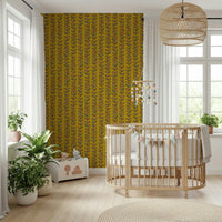 Mustard-toned wallpaper showcasing playful retro leaves climbing upward in tidy vertical stripes.