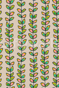 A charming botanical retro wallpaper with upward-growing vines and pastel leaves against an off-white backdrop.