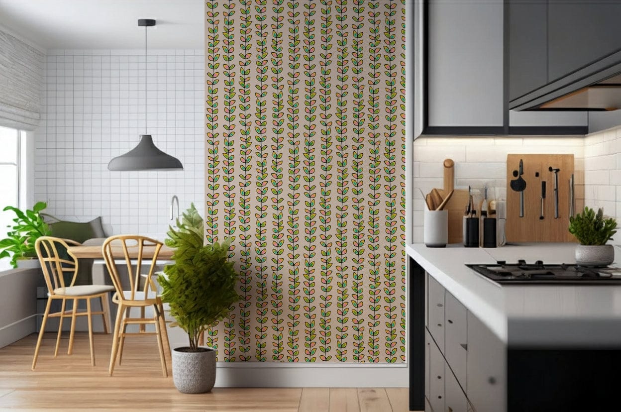 Off-white wallpaper with repeated retro leaf designs arranged neatly on vertical vine patterns.