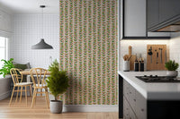 Off-white wallpaper with repeated retro leaf designs arranged neatly on vertical vine patterns.