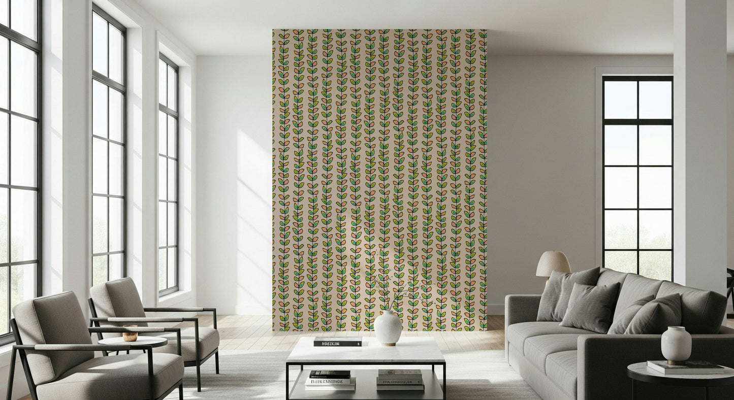 Off-white wallpaper featuring hand-drawn retro leaves rising along slender botanical vine stripes.