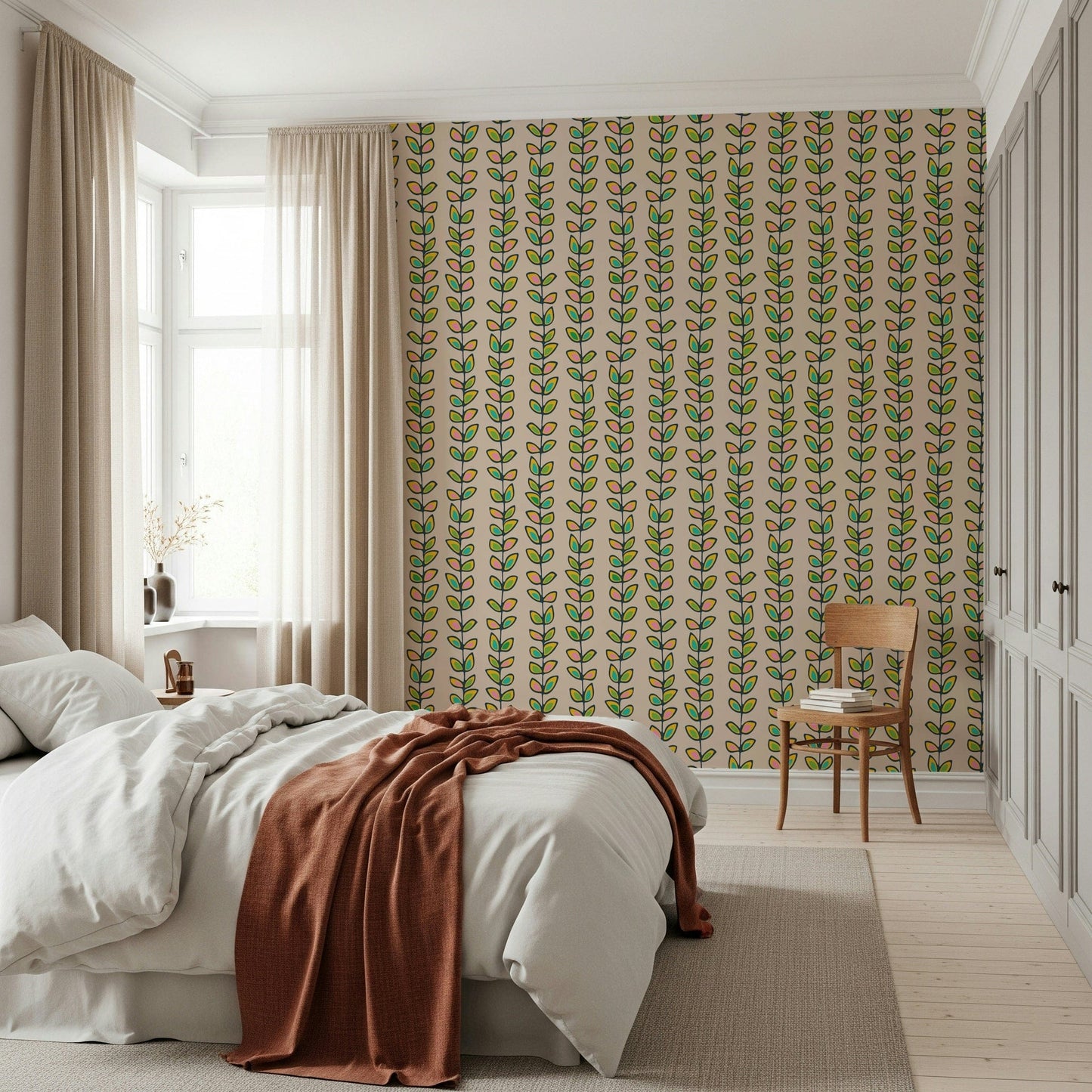 A patterned retro wallpaper with evenly spaced vine stripes and bright stylized leaves on off-white.